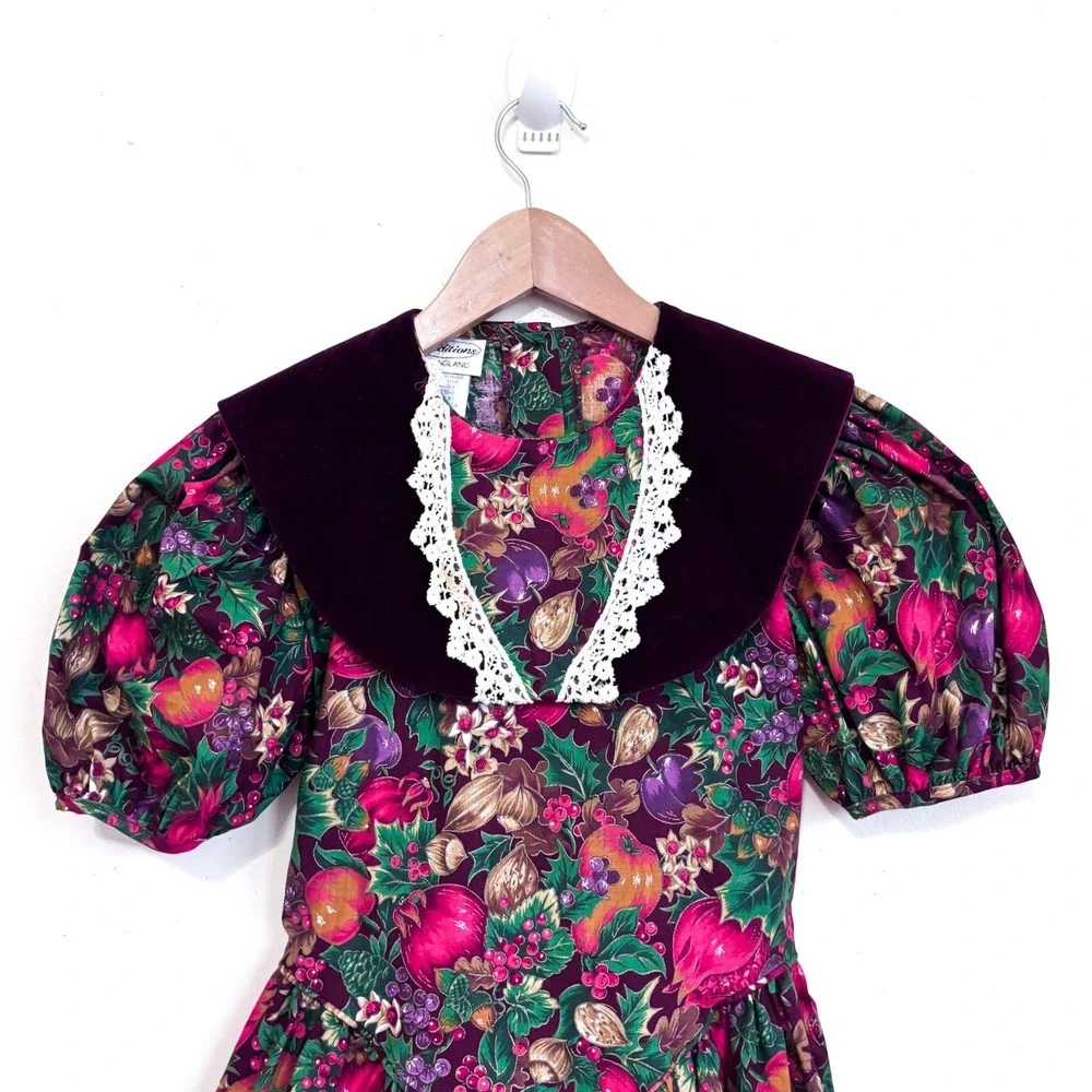 Youngland Traditions‎ Vintage Fruit Print Harvest Dress Girls 8 Burgundy Lace